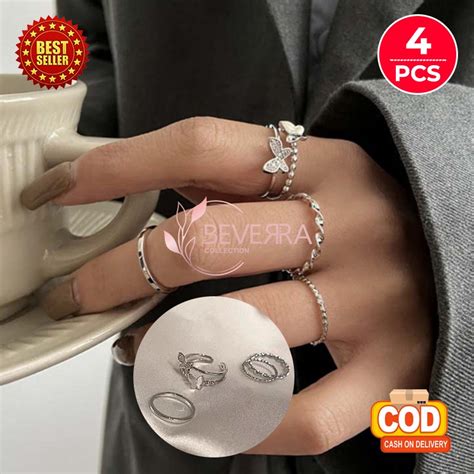 Jual Cincin Aksen Kupu Wanita Korea Titanium Perak 4 Pcs Set