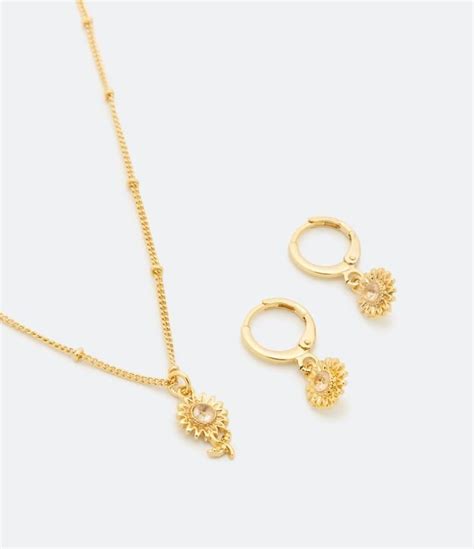 Conjunto Brinco E Colar Em Metal Pingente De Girassol Dourado