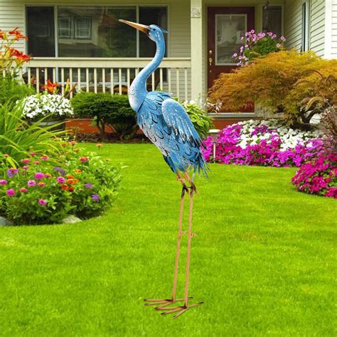 Nacome Large Standing Blue Metal Crane Garden Statue Indoor Outdoor