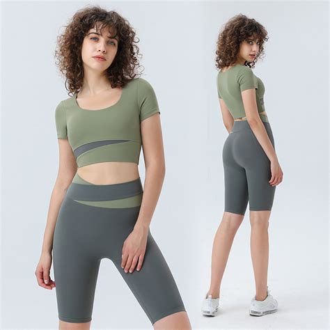 Nude Eco Friendly Patchwork Sportswear Women Two Piece Crop Top Gym Workout Yoga Short Set