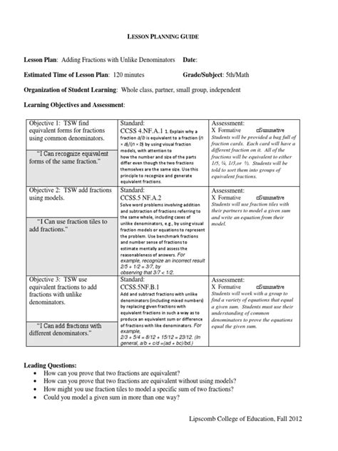 Fractions Lesson Plan Grade 4