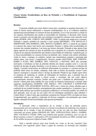 Classes Sociais Peculiaridades na Base da Pirâmide e a Possibilidade