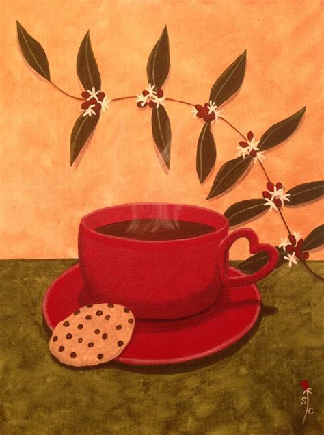 A Painting Of A Red Cup And Saucer With A Cookie