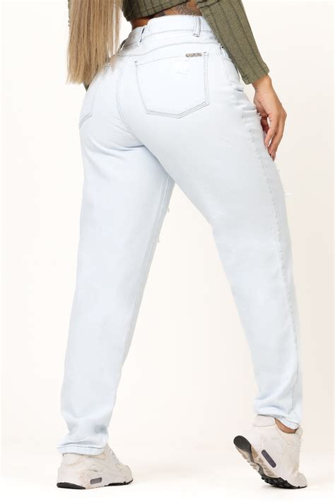 CALCA JEANS MOM MODELADORA CINTURA ALTA DESTROYED AZUL CLARO