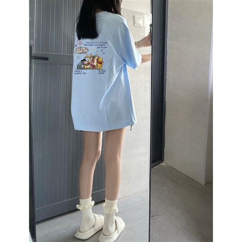 Jual Kaos Oversize Biru Premium Lengan Pendek Cartoon Animation Winnie