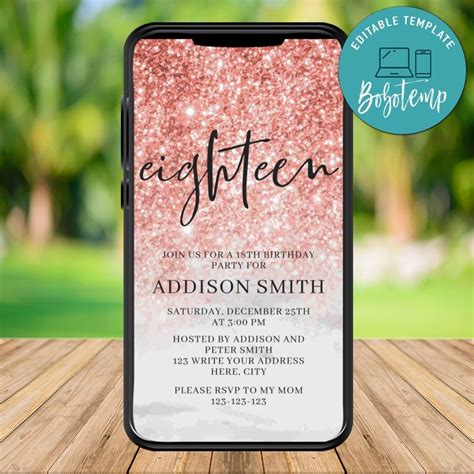 Electronic Rose Gold 18th Electronic Invite Birthday Template Diy Createpartylabels