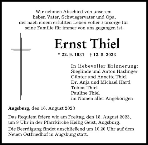 Traueranzeigen Von Ernst Thiel Augsburger Allgemeine Zeitung