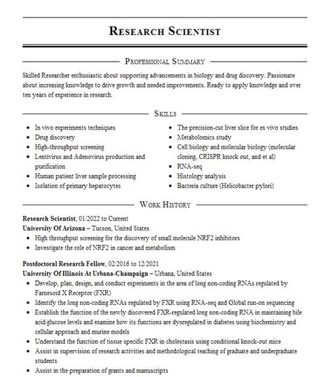 Research Scientist Resume Example