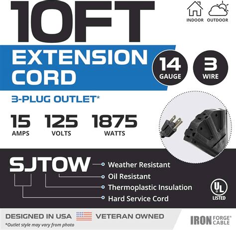 Iron Forge Cable 3 Outlet Extension Cord 10 Ft SJTOW 14 Gauge Heavy