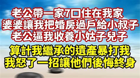 老公帶一家7口住在我家，婆婆讓我把婚房過戶給小叔子，老公逼我收養小姑子兒子，算計我繼承的遺產暴打我，我怒了一招讓他們後悔終身！ 家庭倫理 深夜讀書 情感故事 情感秘密 情感 中年