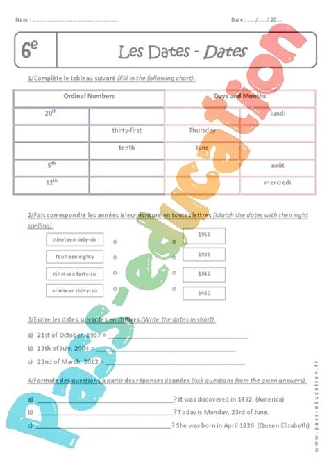 Exercice Jours et Mois Anglais 6ème Cycle 3 Pass Education