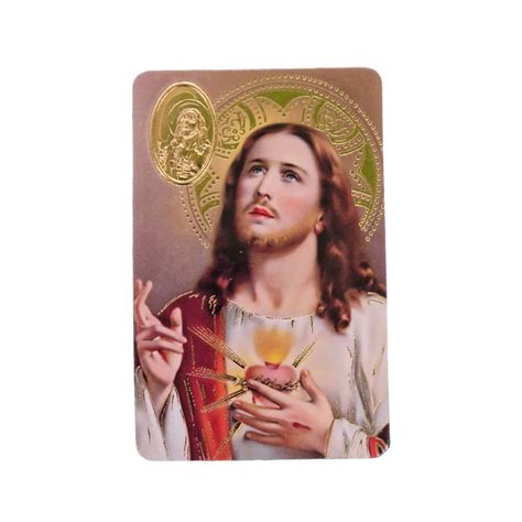 Estampa Del Sagrado Corazon De Jesus Con Medalla Dorada Y Oracion