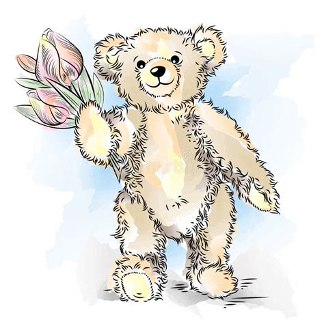 Drawing Teddy Bear With Flowers Stock Vector Illustration Of Brown