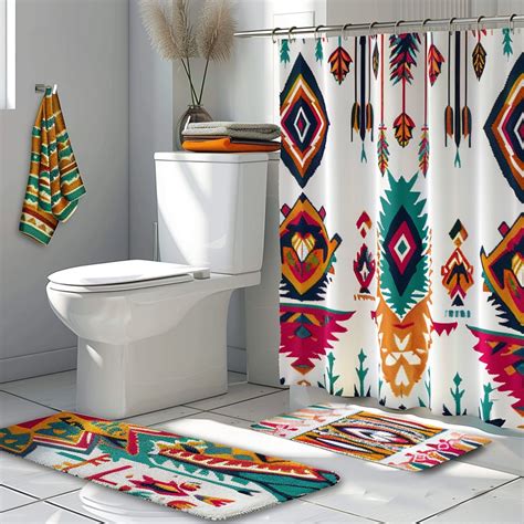 Boho Aztec Tribal Shower Curtain With Feather And Arrow Patterns