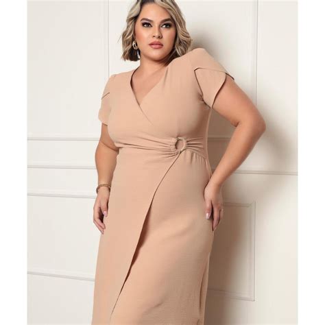 Vestido Plus Size Midi Decote V Transpassado Allmaria Bege Netshoes