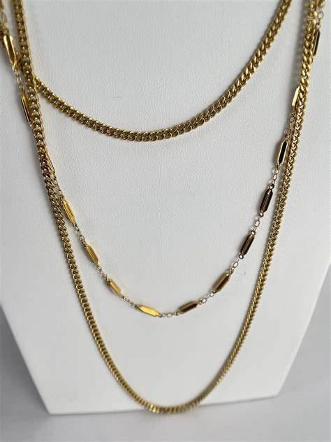 Vintage Monet Triple Strand Necklace Curb Chain Gold Gem