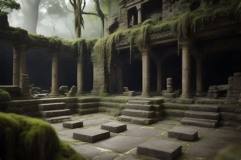 A Scene With A Mossy Wall And Stairs In The Middle Of The Room