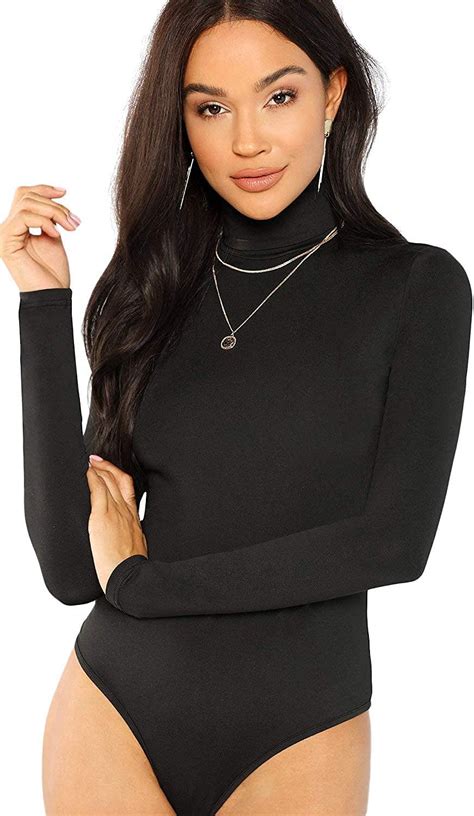 Floerns Womens Solid Leotard Long Sleeve Turtleneck Bodysuit Black Xs