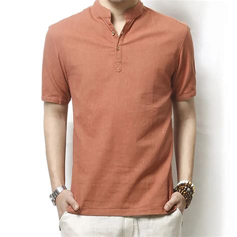 Hot New Solid Polo Shirt Men Casual Mandarin Collar Linen Polo Men