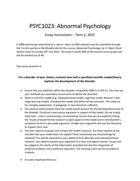 Psyc1023 Essay Instructions Psyc1023 Abnormal Psychology Essay