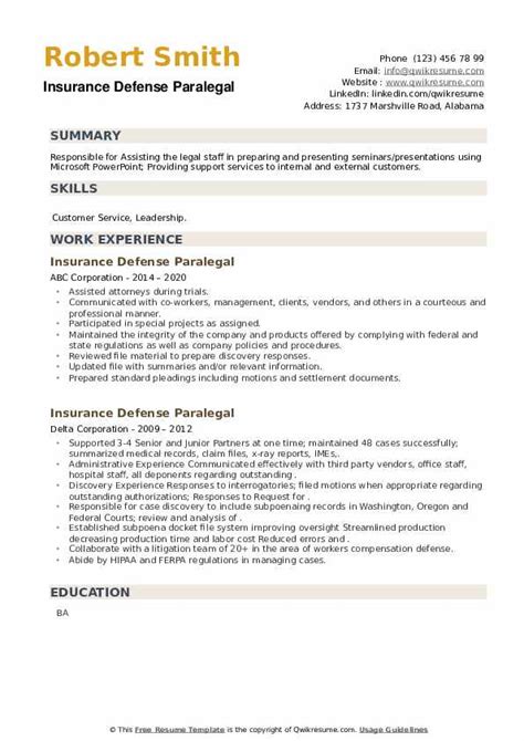 Insurance Defense Paralegal Resume Samples QwikResume