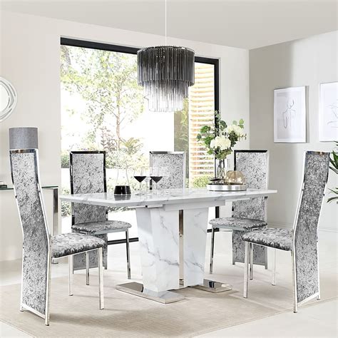 Vienna Extending Dining Table Celeste Chairs White Marble Effect