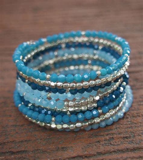 Pulsera De Cristal Azul Memoria Alambre Boho Wrap Por G2fdesign