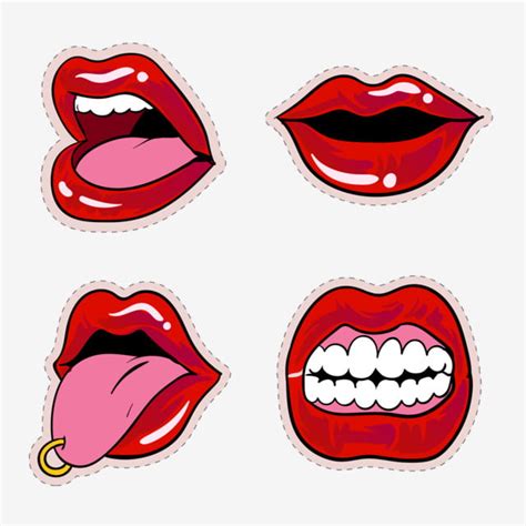 Hot Red Lips Sexy And Sensual Sticker Character Design Set Art Badge