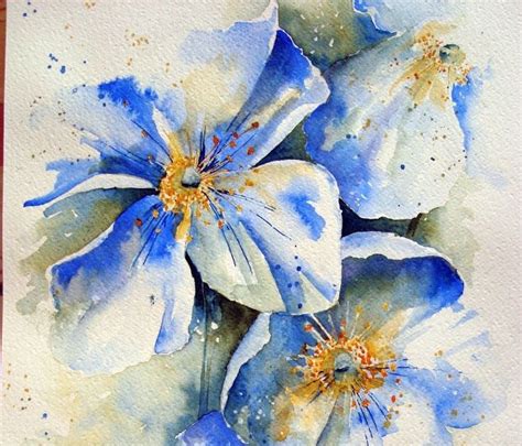 Watercolor Painting Of Blue And White Flowers