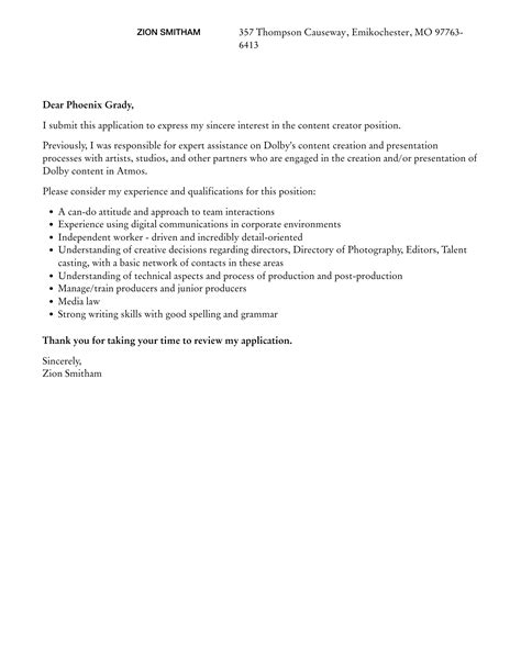 Content Creator Cover Letter Velvet Jobs