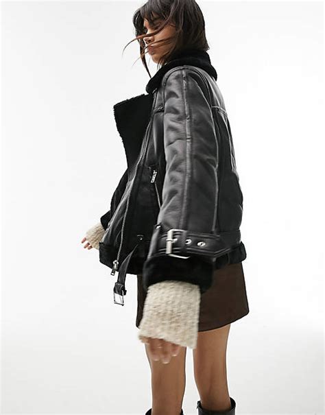 Topshop Faux Leather Shearling Aviator Biker Jacket In Black Asos