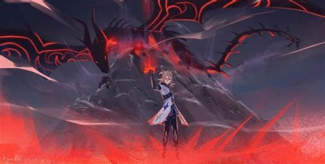 An Anime Character Standing In Front Of A Mountain With Red Lights On