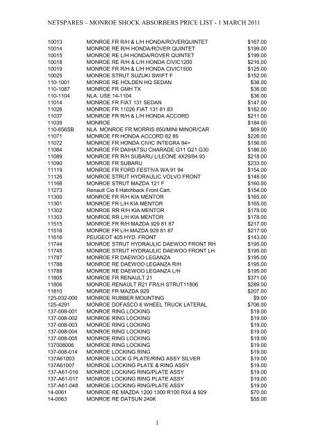 monroe shock absorbers price list - Netspares.com.au