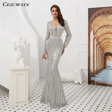 Ceewhy Arabic Dubai Sequin Evening Dress Long Sleeve Tassel Mermaid