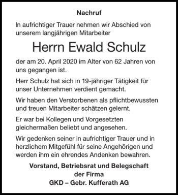 Traueranzeigen Von Ewald Schulz Aachen Gedenkt