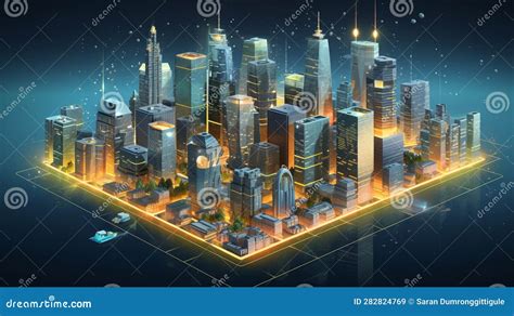 Urbanization Of Digital Finance Isometric Cityscape Constructed From