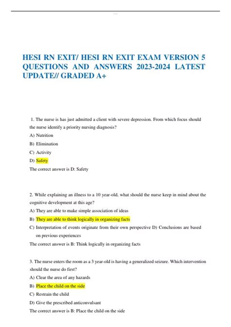 HESI RN EXIT HESI RN EXIT EXAM VERSION 5 QUESTIONS AND ANSWERS LATEST