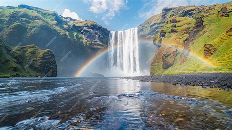 Premium Photo Clear Skies With A Rainbow Over Waterfall Wallpaper