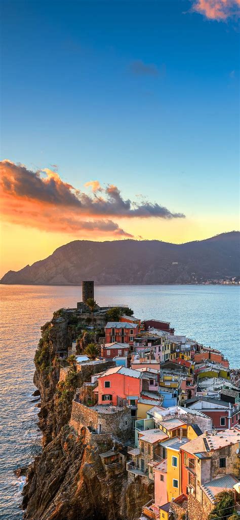 Italy Cinque Terre Ligurian Sea Beautiful Village Mountains Sunset