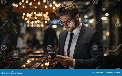 Serious Young Businessman In Eyeglasses Using Smartphone While Standing