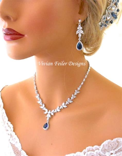 Saffier Blauwe Sieraden Set Ketting En Oorbellen Blauwe Bruiloft Zilver