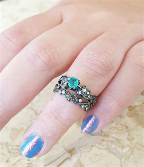 Leaf Wedding Ring Set Black Gold Emerald and Diamonds | Etsy