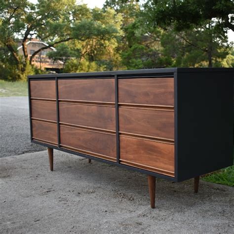 Soldmatte Black And Wood Mid Century Modern Dresser Vintage Etsy