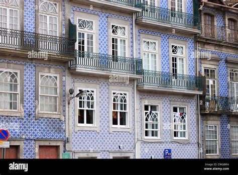 Traditional Blue And White Tiled Houses Ribeira Porto Portugal Stock