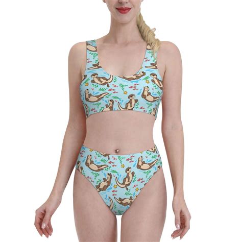 Logiee Cute Otters Print Women S Piece Bikini Set Halter Bathing Suit High Waisted Bikini Sets