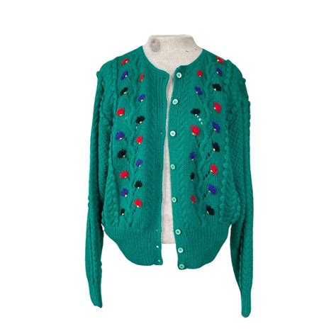 Vintage Emerald Green Wool Cardigan Embroidered Flowers Etsy