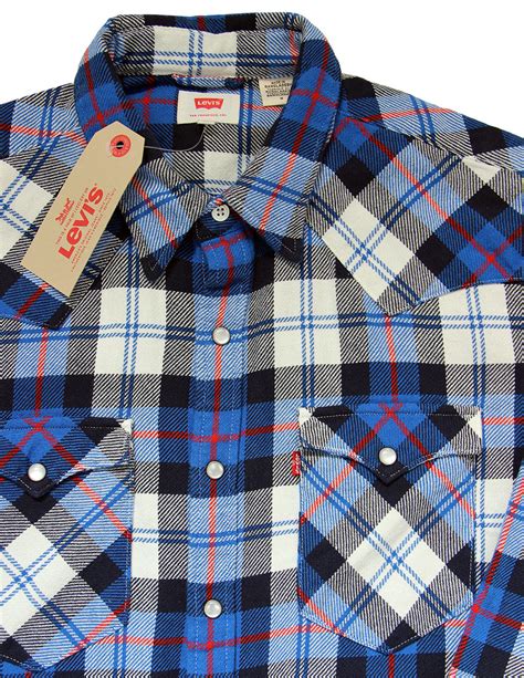 Levi S Barstow Retro S Mens Plaid Check Western Shirt Blue