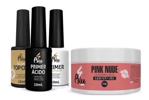 Kit Nail Psiu Primer Ácido Adesivador Top Coat Gel Pink Nude Parcelamento sem juros