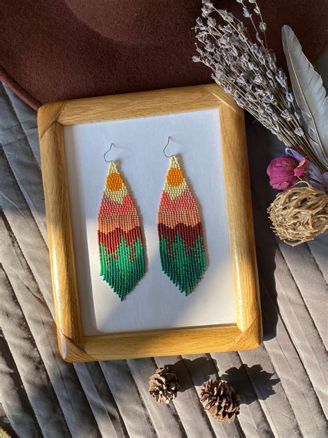 Mountains Seed Bead Earrings Nature Earrings Sunset Beaded Etsy