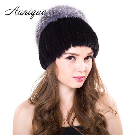 Winter Women Casual Hat Real Natural Mink Fur Black Fur Knitted Hats